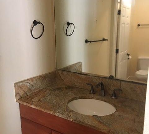 Separate ensuite vanity with granite countertops.