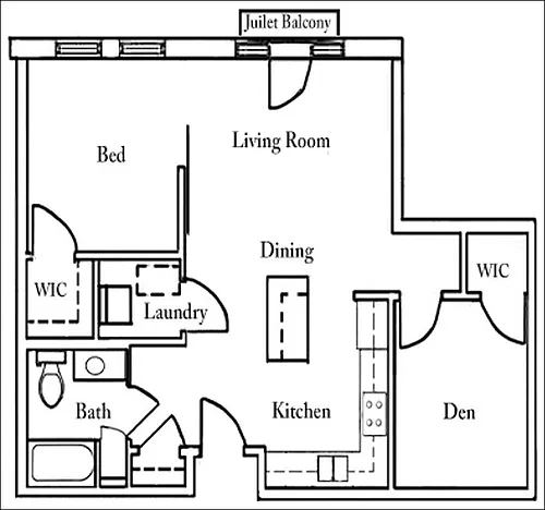 Floor plan 1 Bed 1 Bath w/Den | 890 sqft