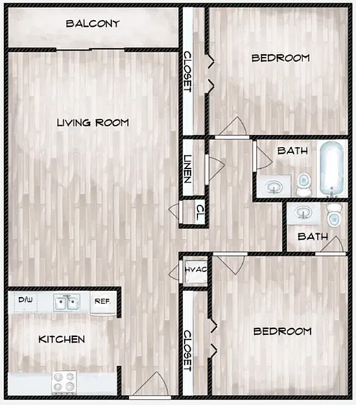 Floor plan Brookhaven Two Bedroom, 1.5 Bath