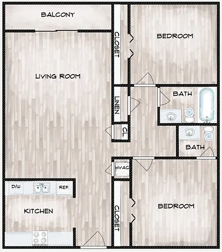 Floor plan Brookhaven Two Bedroom, 1.5 Bath