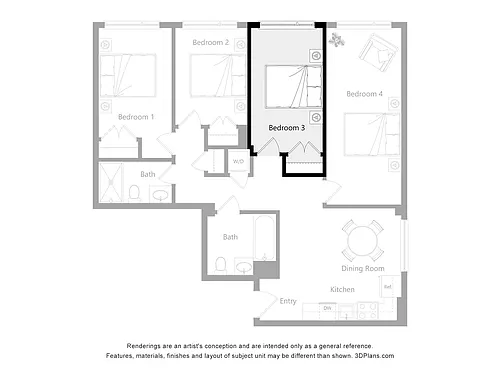 Floor plan Furnished Room in a 4 Bedroom 2 Bathroom (J3)