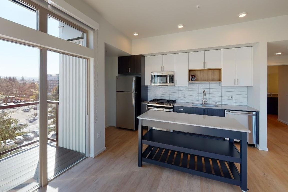 Modern kitchens outfitted with stainless steel appliances and quartz countertops with custom cabinetry.