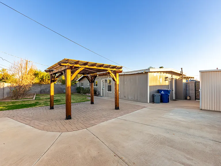 Backyard has a storage shed