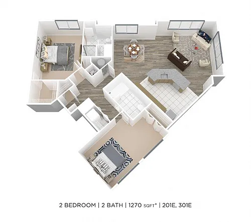Floor plan Two Bedroom 2 Bath w/ Den- 1270 sqft