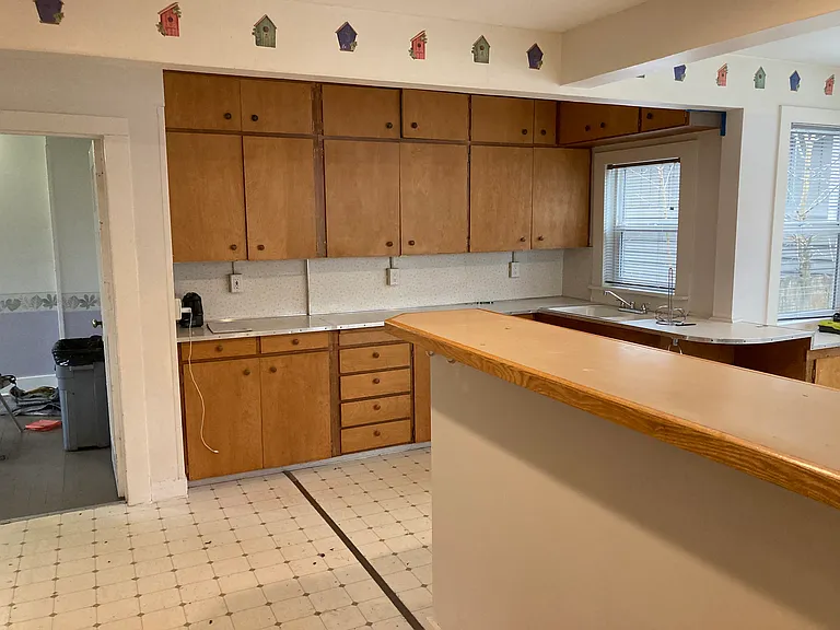 Kitchen showing ample storage and linoleum floor