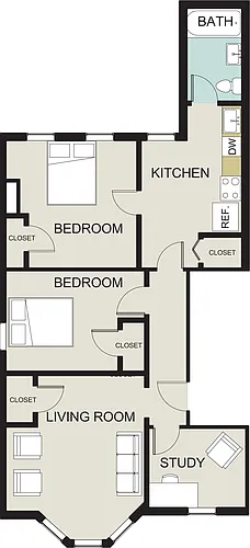 Floor plan 2 bedroom, 1 bath with den
