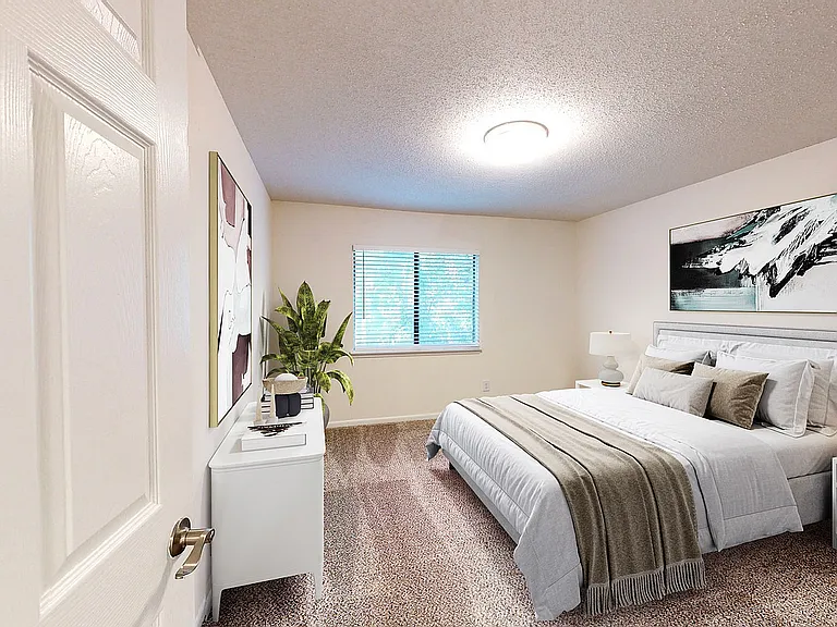 Bedroom with carpet & overhead lighting