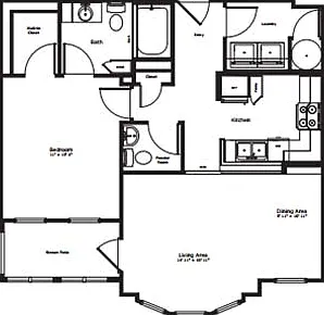 The Ebony: 778 sq. ft. with a bay window, built-in bookshelves, screened patio or balcony, and spacious washer/dryer area for a comfortable living experience. The Ebony: 778 sq. ft. with a bay window, built-in bookshelves, screened patio or balcony, and s