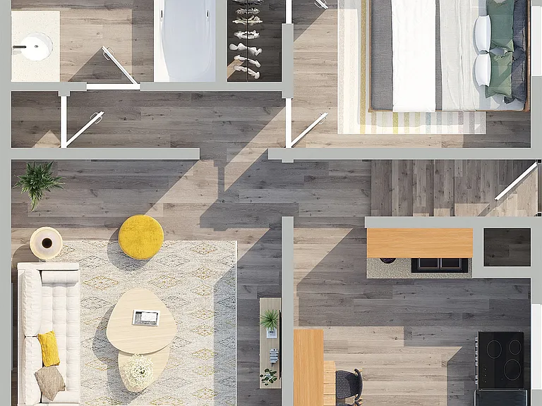 Chic 2D floor plan showcasing 1 bedroom apartment with cozy living area, modern kitchen, and elegant bathroom.