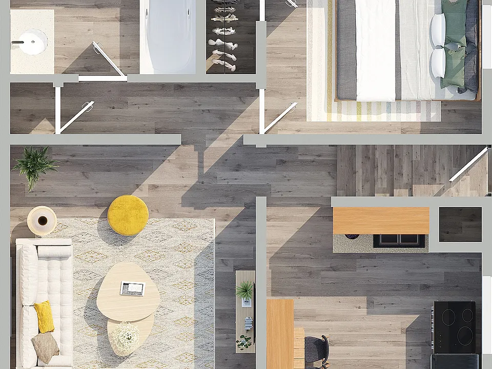 Chic 2D floor plan showcasing 1 bedroom apartment with cozy living area, modern kitchen, and elegant bathroom.