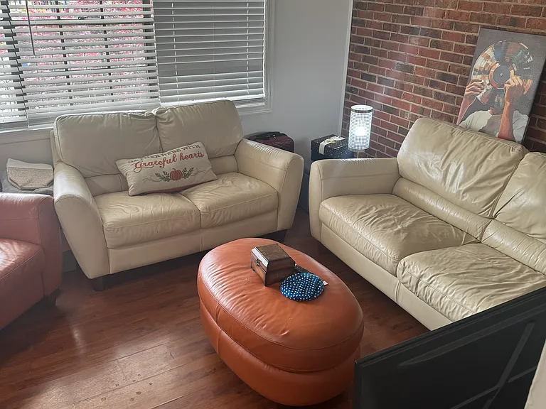 Living room with natural light and historic exposed brick wall