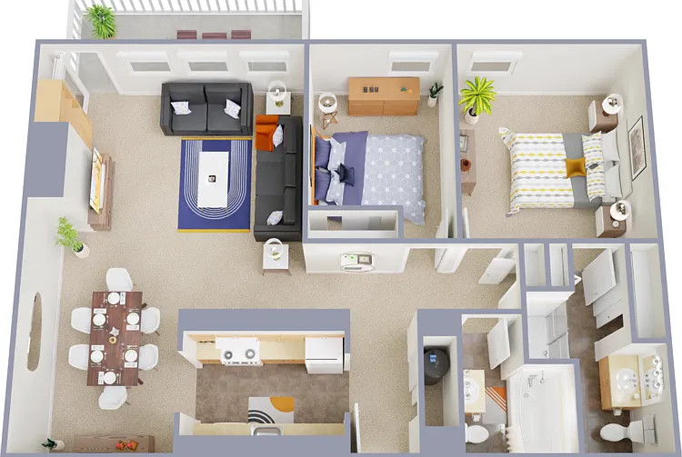 2 Bed 1.5 Bath Floorplan Diagram