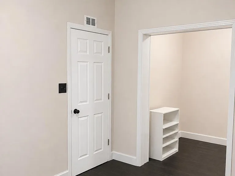 Freshly finished room with durable dark flooring, ceiling fan lighting, and a walk-in closet area with shelving.