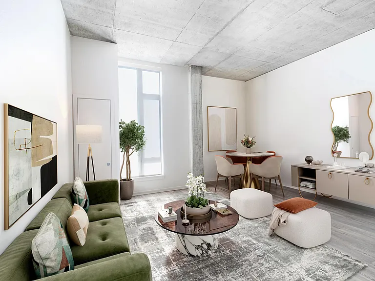 A versatile apartment home with concrete ceilings, tall windows, and an open floor plan that offers room to personalize and make your own.