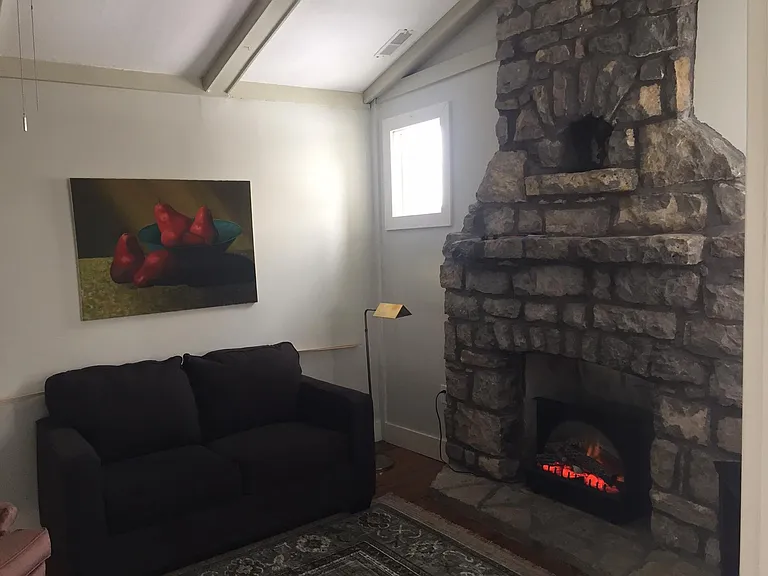 Electric space heater that make the vaulted living room nice and cozy.