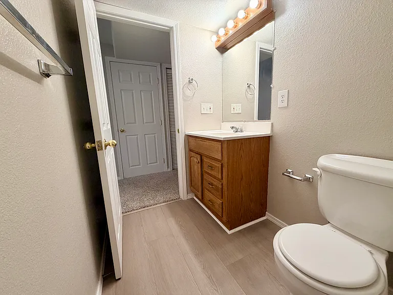 Alternate view showcasing the updated luxury vinyl plank flooring, vanity, storage, and functional layout of the basement full bathroom.
