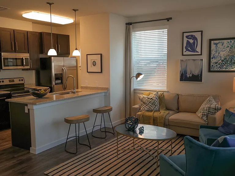 2 Bedroom Floor plan open living room with counter seating