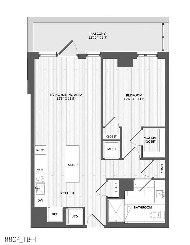 Floor plan 1 Bed/1 Bath-1B-H_880 P