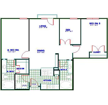 Floor plan Traditional 2x2 1040-1167 SF