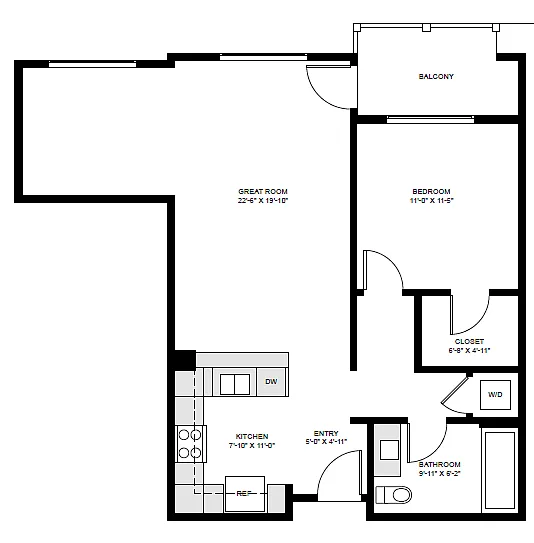 Floor plan 1 Bedroom, 1 Bathroom (F)