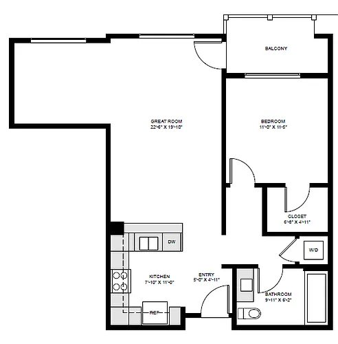 Floor plan 1 Bedroom, 1 Bathroom (F)