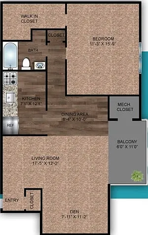 Floor plan A4-1BD/1BA with Den