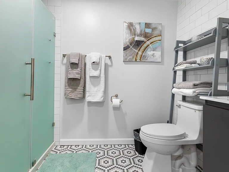 Modern bathroom with shower.