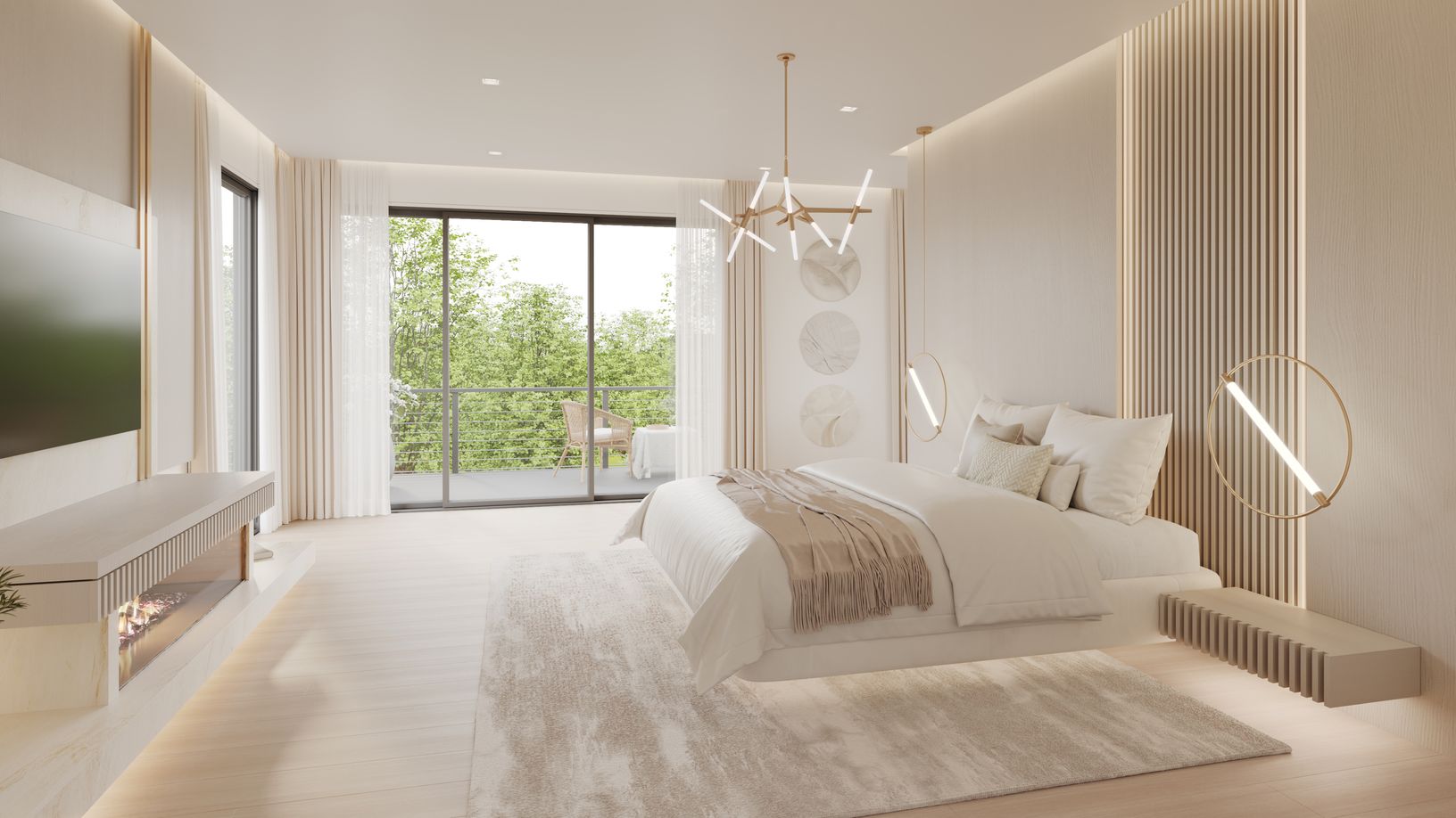 A serene upper-level primary suite features a sleek linear fireplace adding warmth and ambiance.