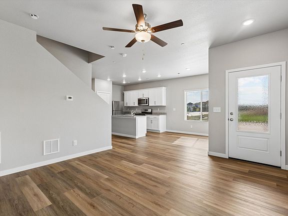The family room is off the kitchen and dining room.