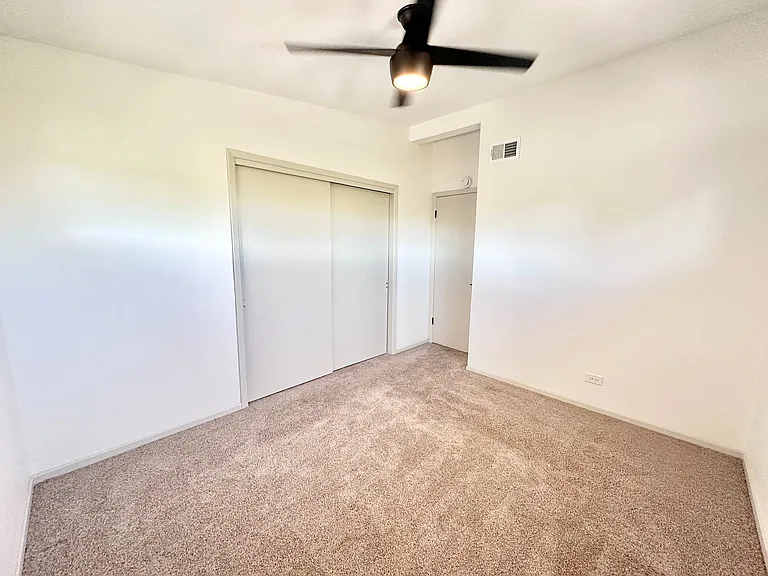 Bright and airy bedroom featuring plush carpet, ceiling fan, and ample closet space.