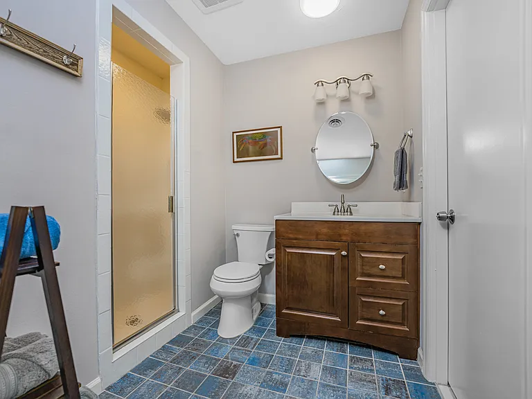 full bathroom with step in shower and rainfall showerhead