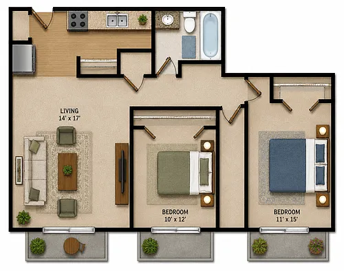 Floor plan Two Bedroom One Bath Mid-Rise
