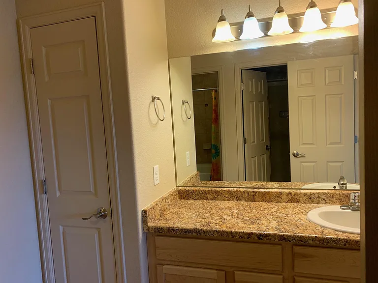 Large double counter space, mirror, lighting in master bathroom