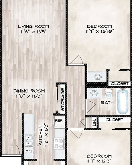 Two Bedroom One Bath Floorplan Diagram