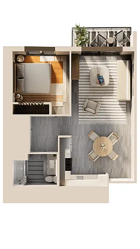Floor plan East 1 BR Balcony Pool View B