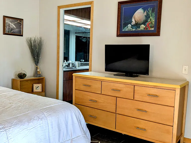 Looking from the bedroom into the bathroom