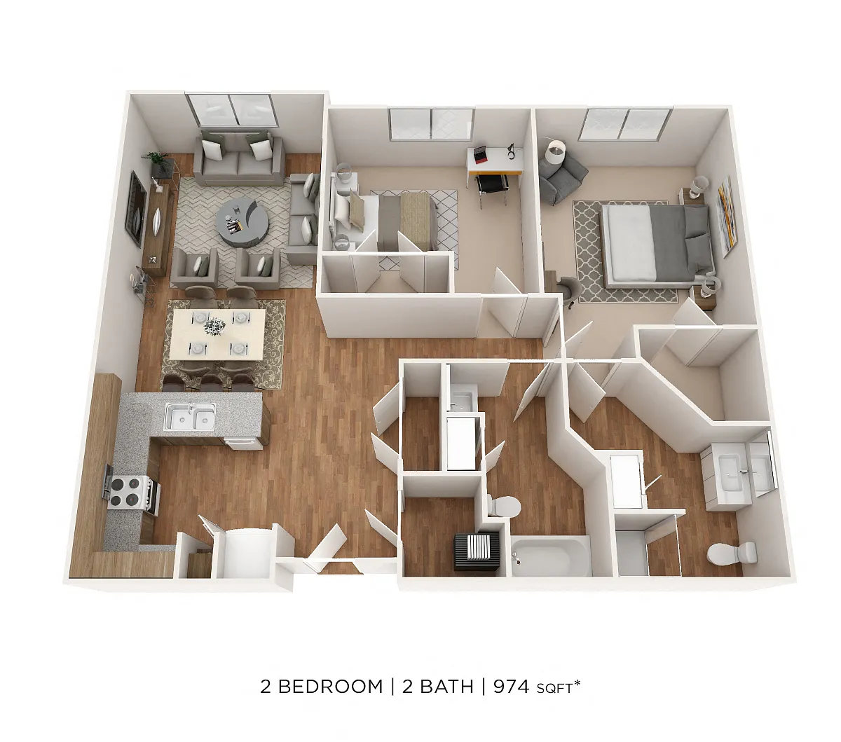 Floor plan Two Bedroom 2 Bath- 974 sqft