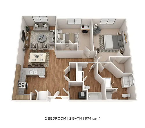 Floor plan Two Bedroom 2 Bath- 974 sqft