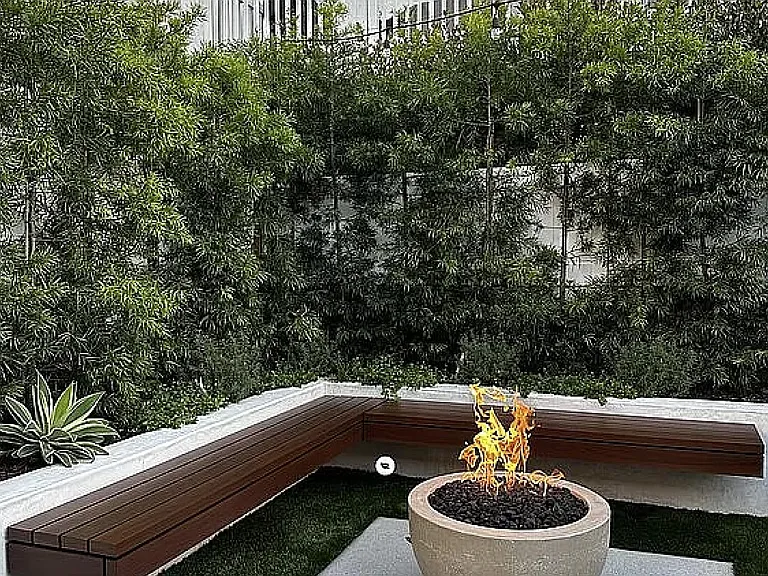 Fully landscaped backyard with hard line gas fire pit, up lighting and string lighting. Gardener service included.