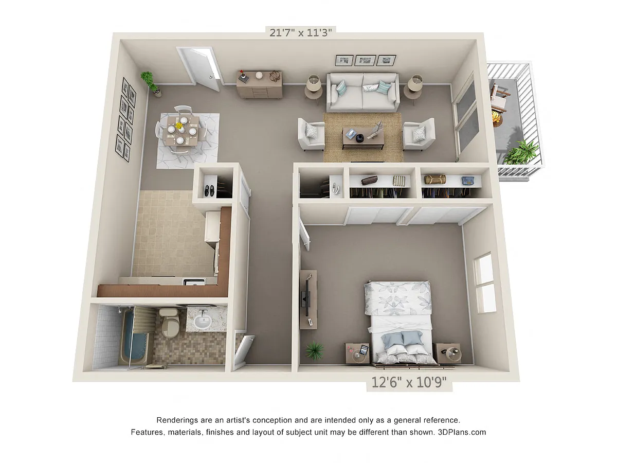 Floor plan 1 Bedroom, 1 Bath 560 (Balcony)