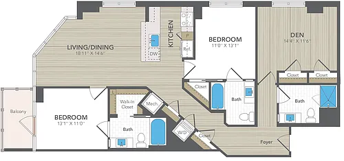 Floor plan 2 Bed 3 Bath Med with Den