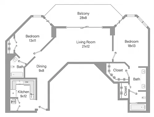 Floor plan B1 - 2BR 2BA (1291 SF)