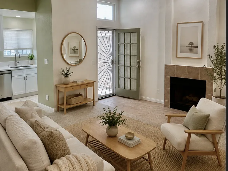 Living room with working fireplace and attached patio