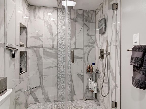 Glass-door marble shower!