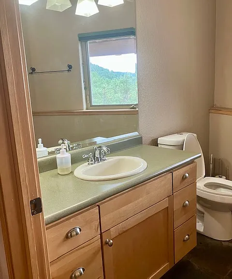 Bathroom vanity & toilet. You can see the reflection of the window with a view into nature.