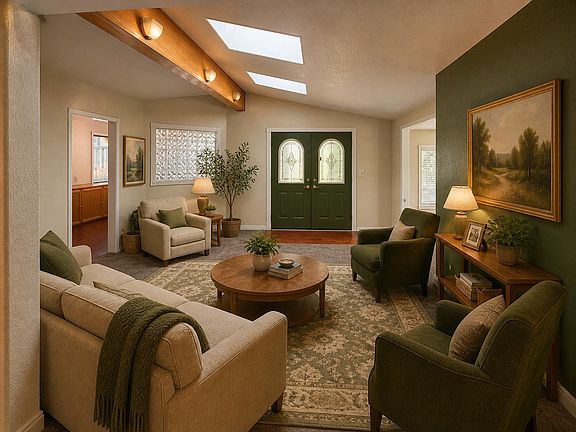 Entry sitting room. The office is to the left. 

Images are virtually staged using AI to showcase the home's potential. Actual layout and finishes are accurate; furnishings are not included.
