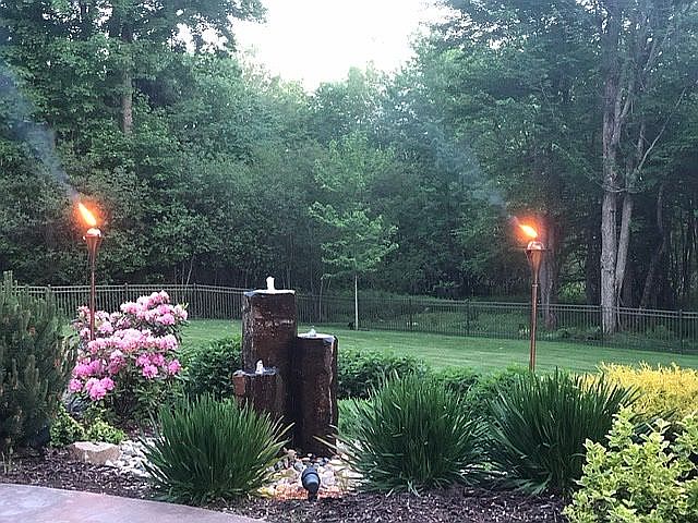 Landscaped backyard fountain
