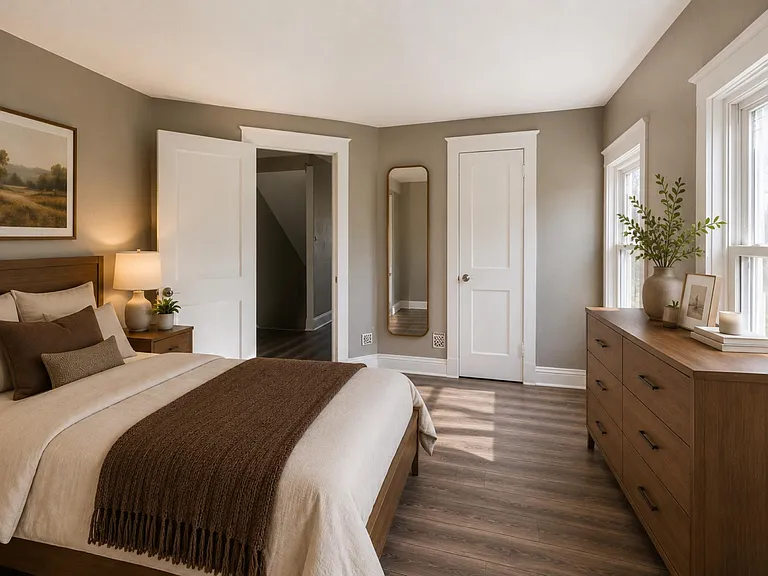 Well-appointed bedroom with a large window, spacious layout, and ample storage including a dresser and closet access.