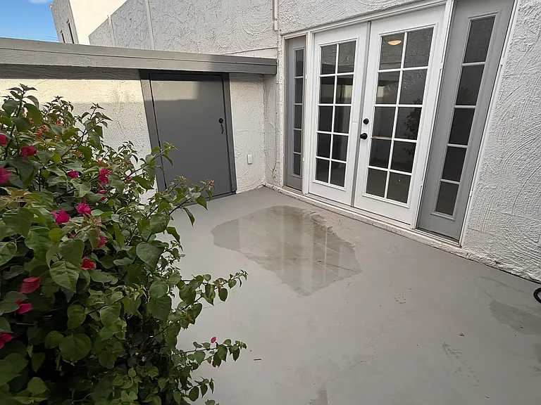 Private back patio with storage shed
