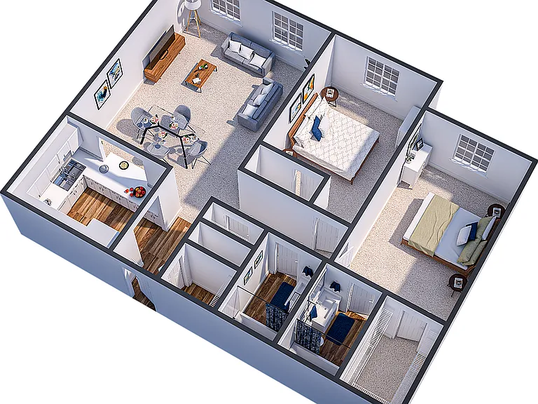 Comfortable 2-bedroom layout with spacious living and separate bedrooms Comfortable 2-bedroom layout with spacious living and separate bedrooms